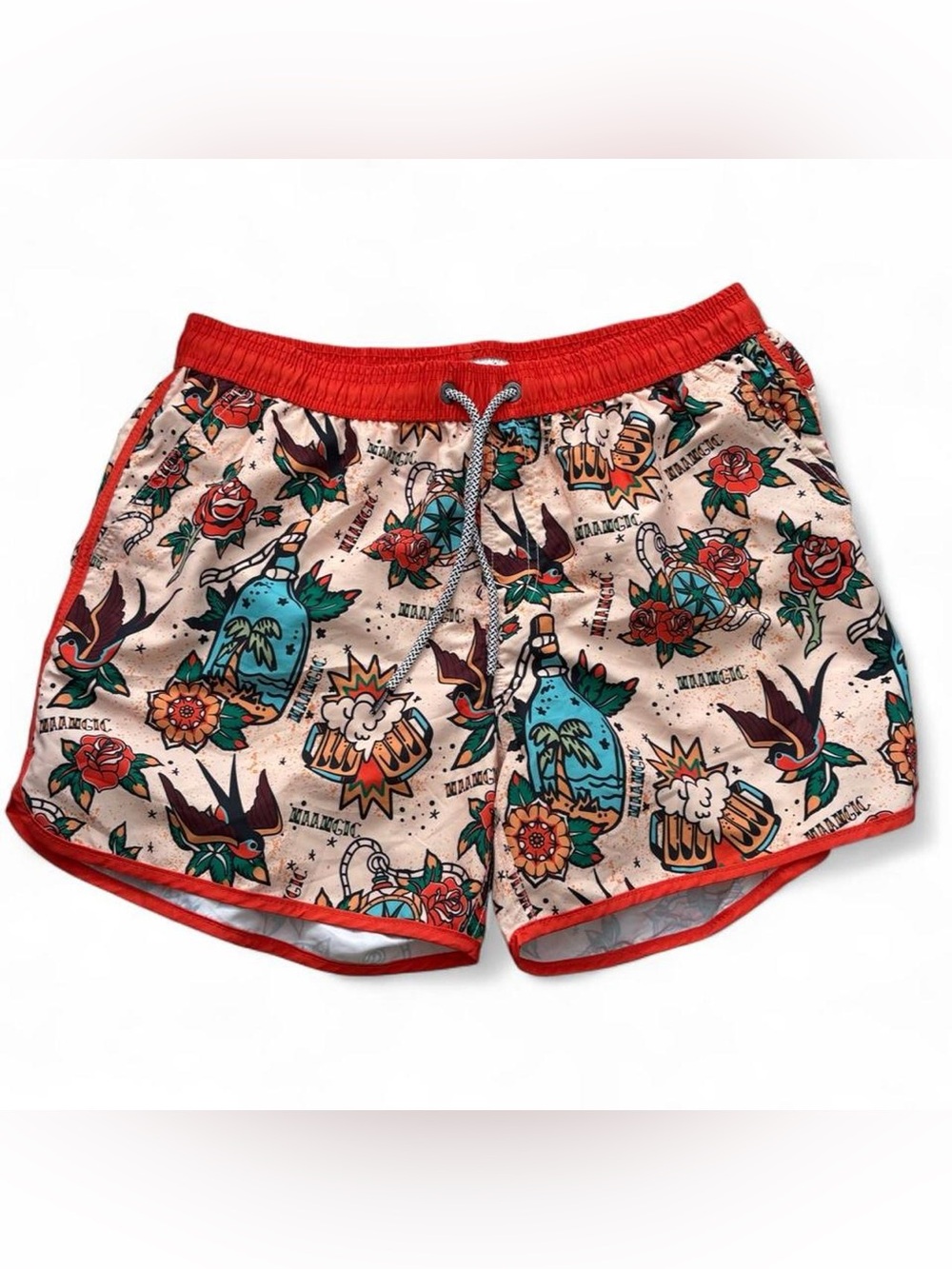 Red Trim Printed Men’s Bathing Suit Shorts